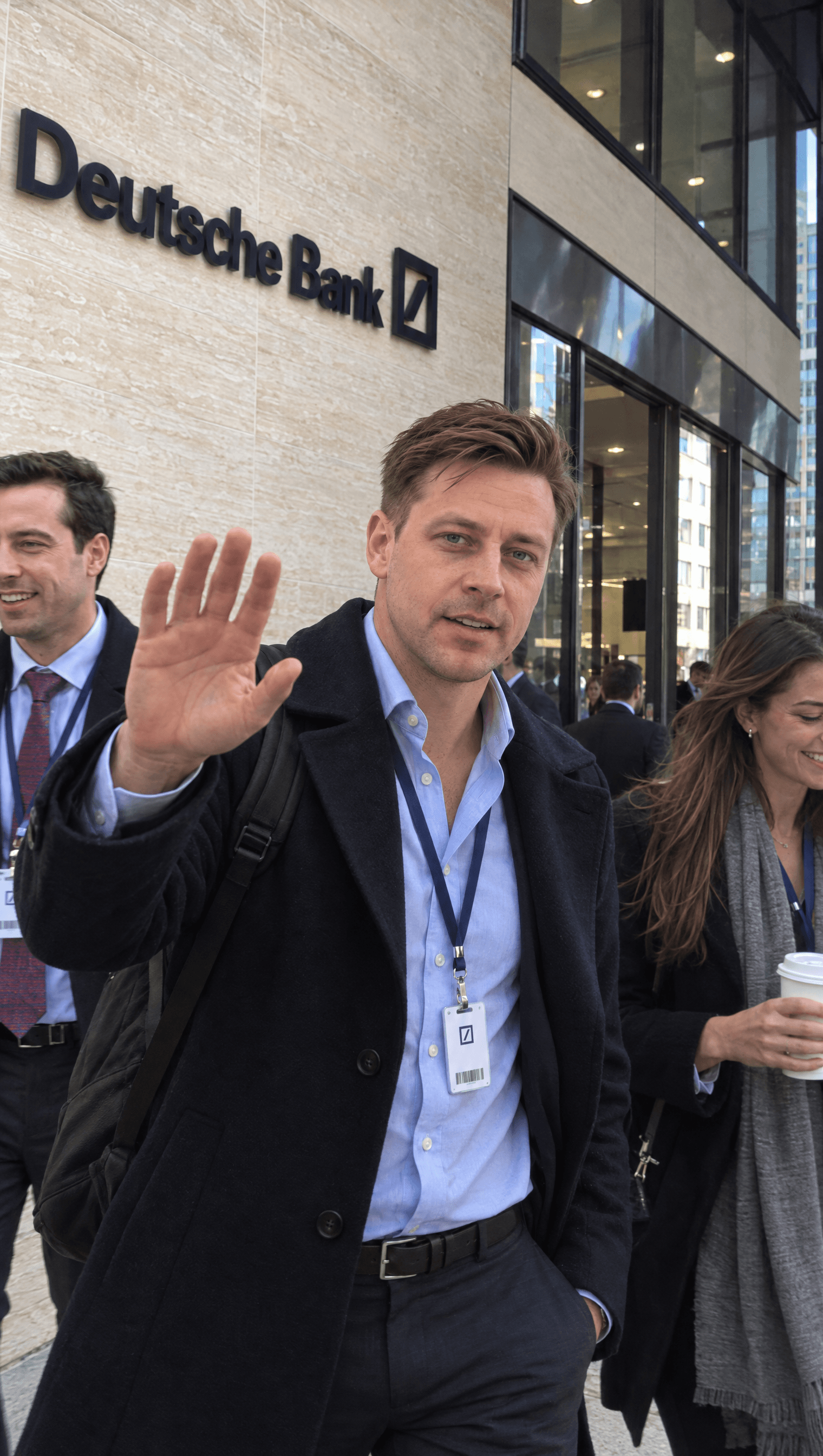 Tony in a dark overcoat, waving as he walks out of an office building with two colleagues